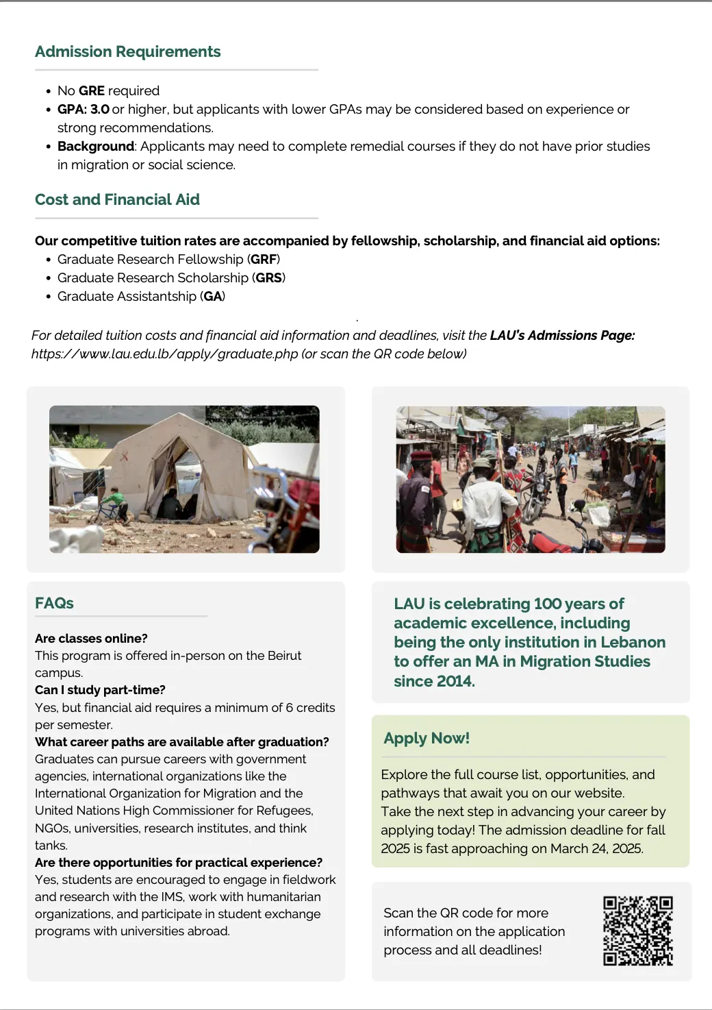 MA in Migration Studies brochure, admissions page