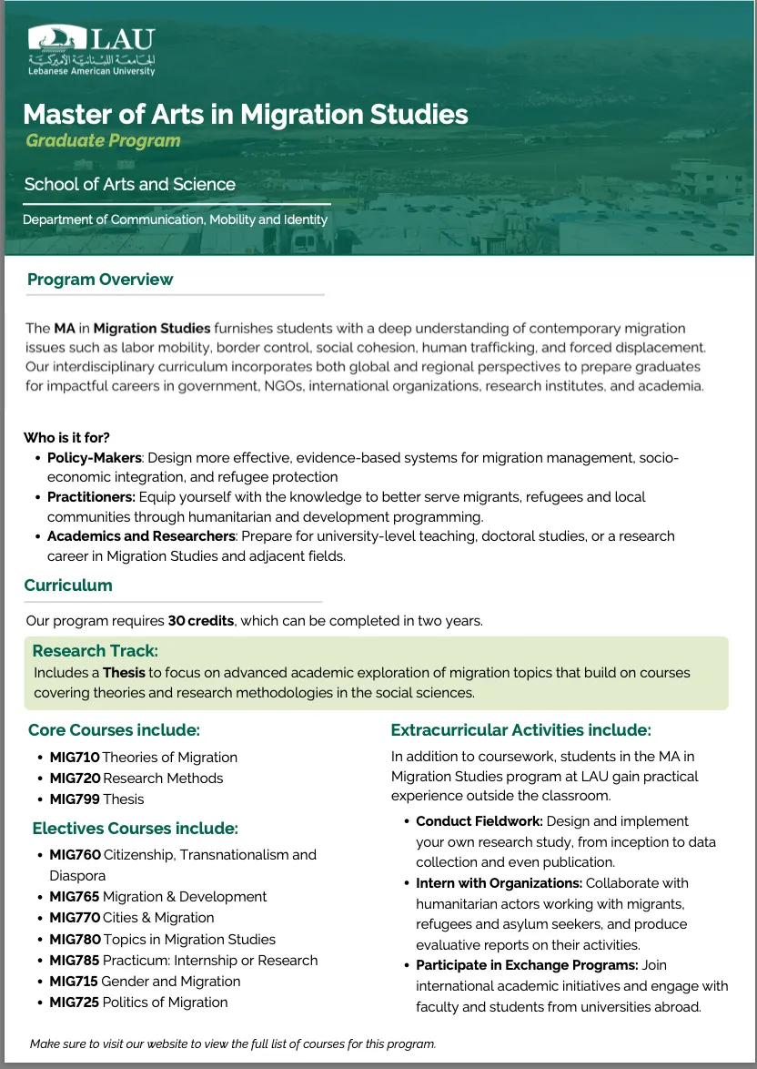 MA in Migration Studies brochure, cover page