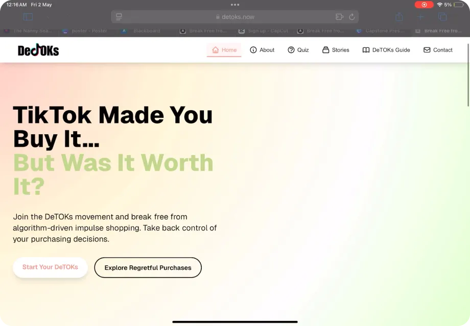 Screen recording of detoks.now on an iPad: “TikTok made you buy it… but was it worth it?”