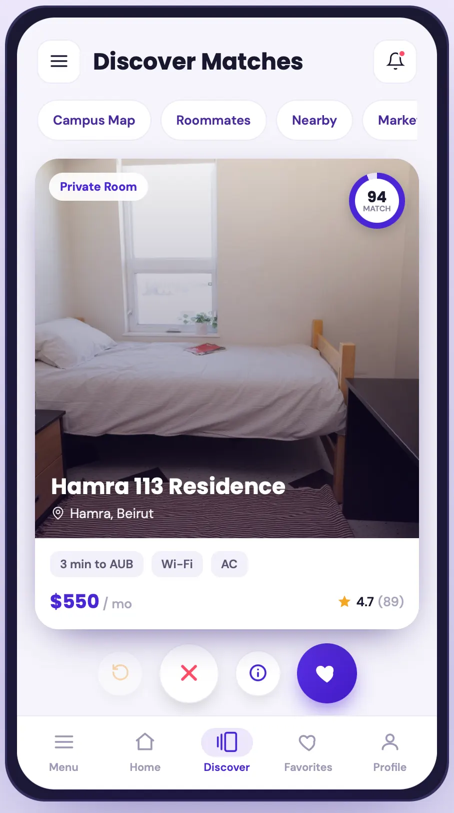 Discover Matches screen: a 94% match for Hamra 113 Residence, $550 a month, 3 minutes to AUB, with swipe actions.