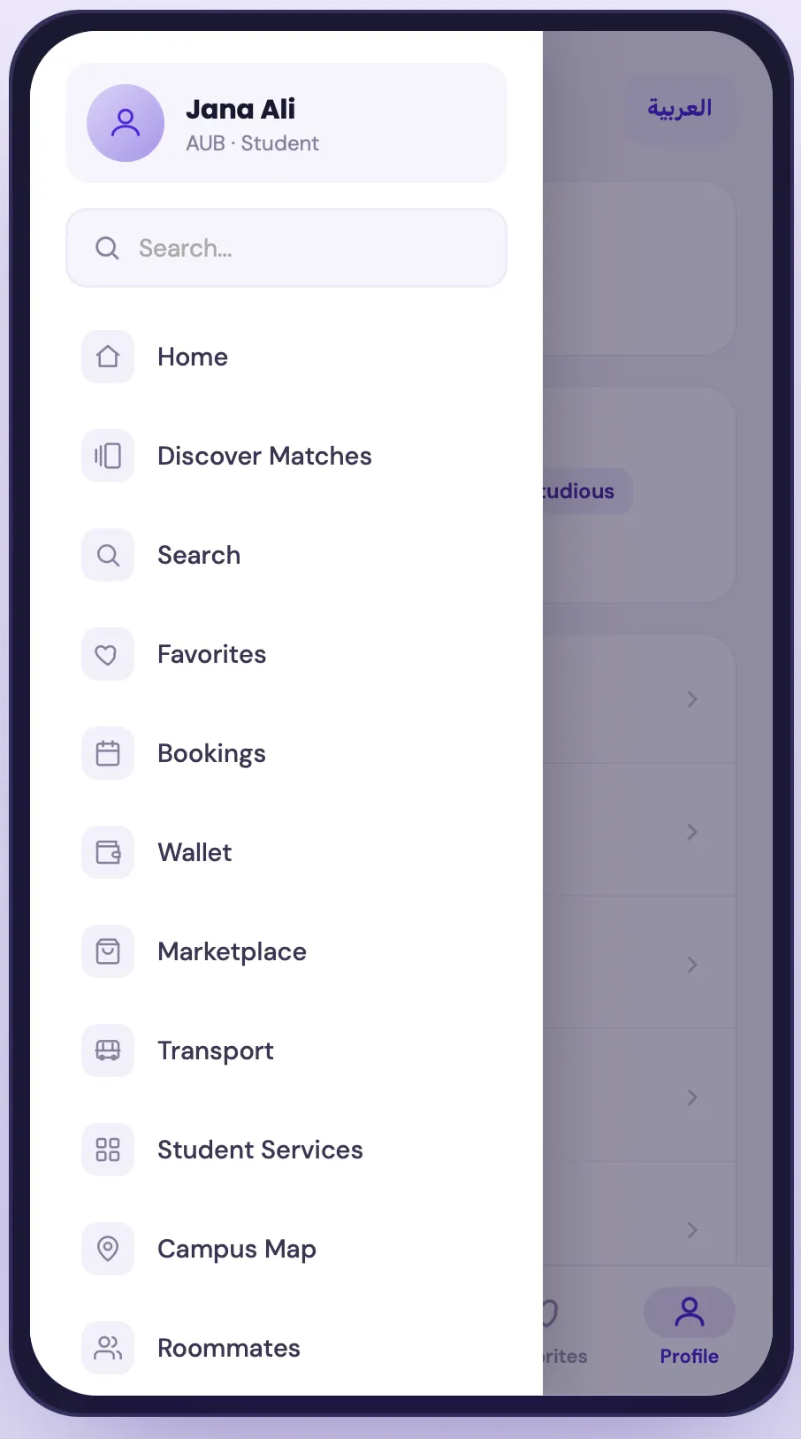 Dormly side menu for a student profile: Home, Discover Matches, Search, Favorites, Bookings, Wallet, Marketplace and more.