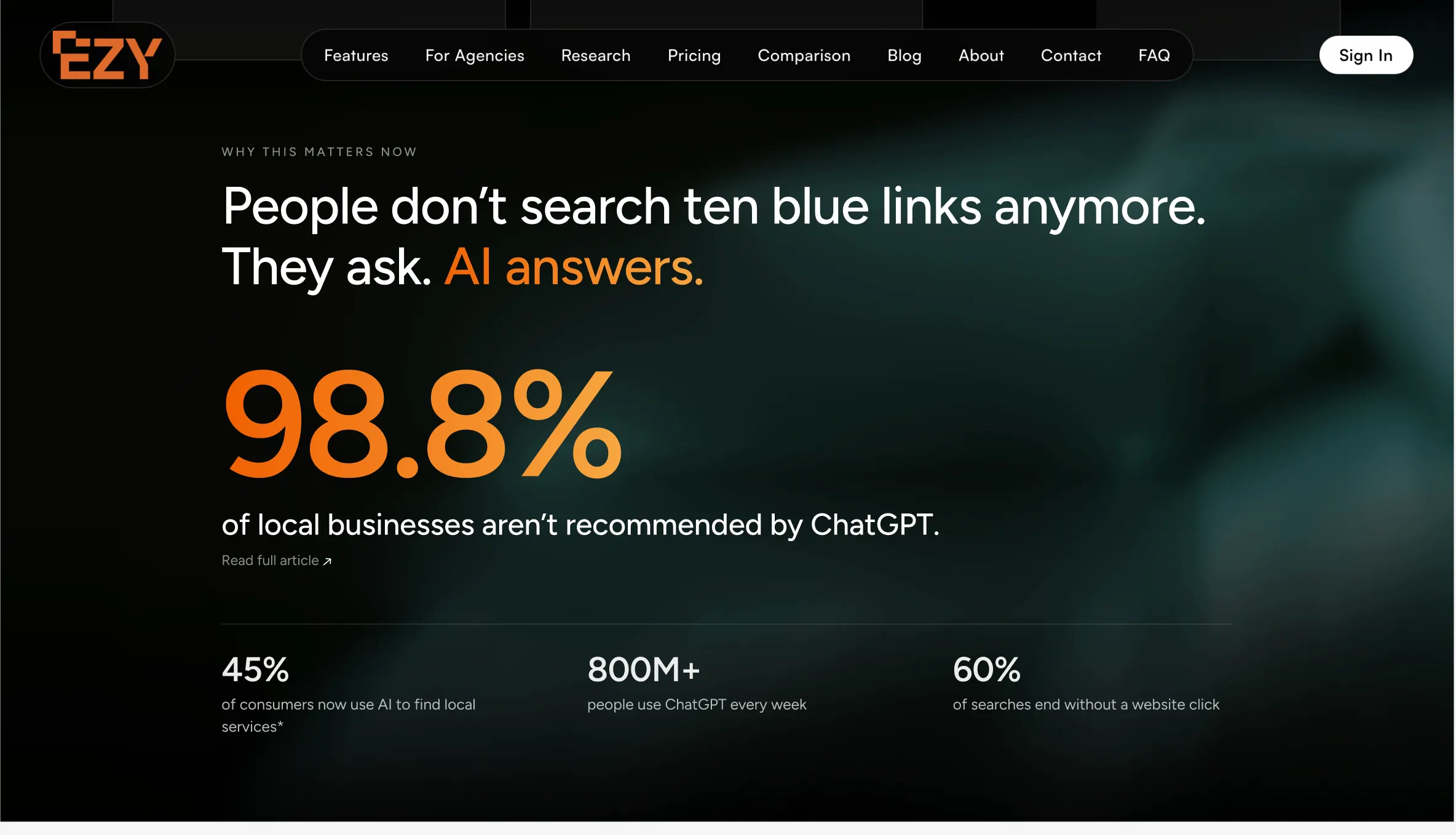 EZY.AI homepage after the redesign: one leading number