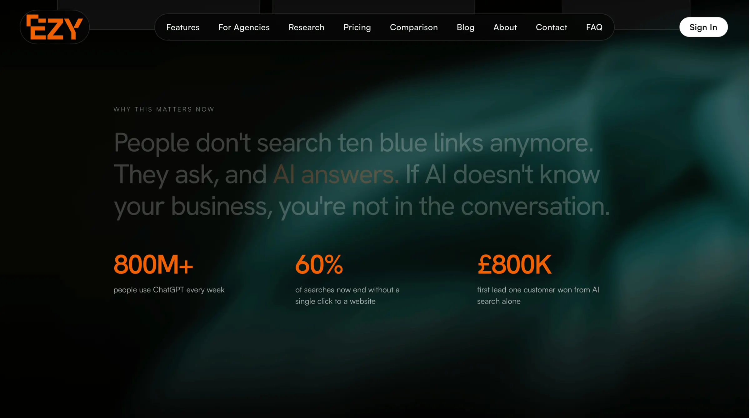 EZY.AI homepage before the redesign: three stats with equal weight