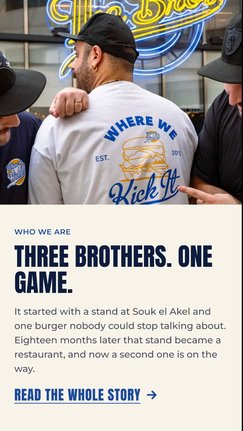 About screen: “Three brothers. One game.” with a photo of the founders.