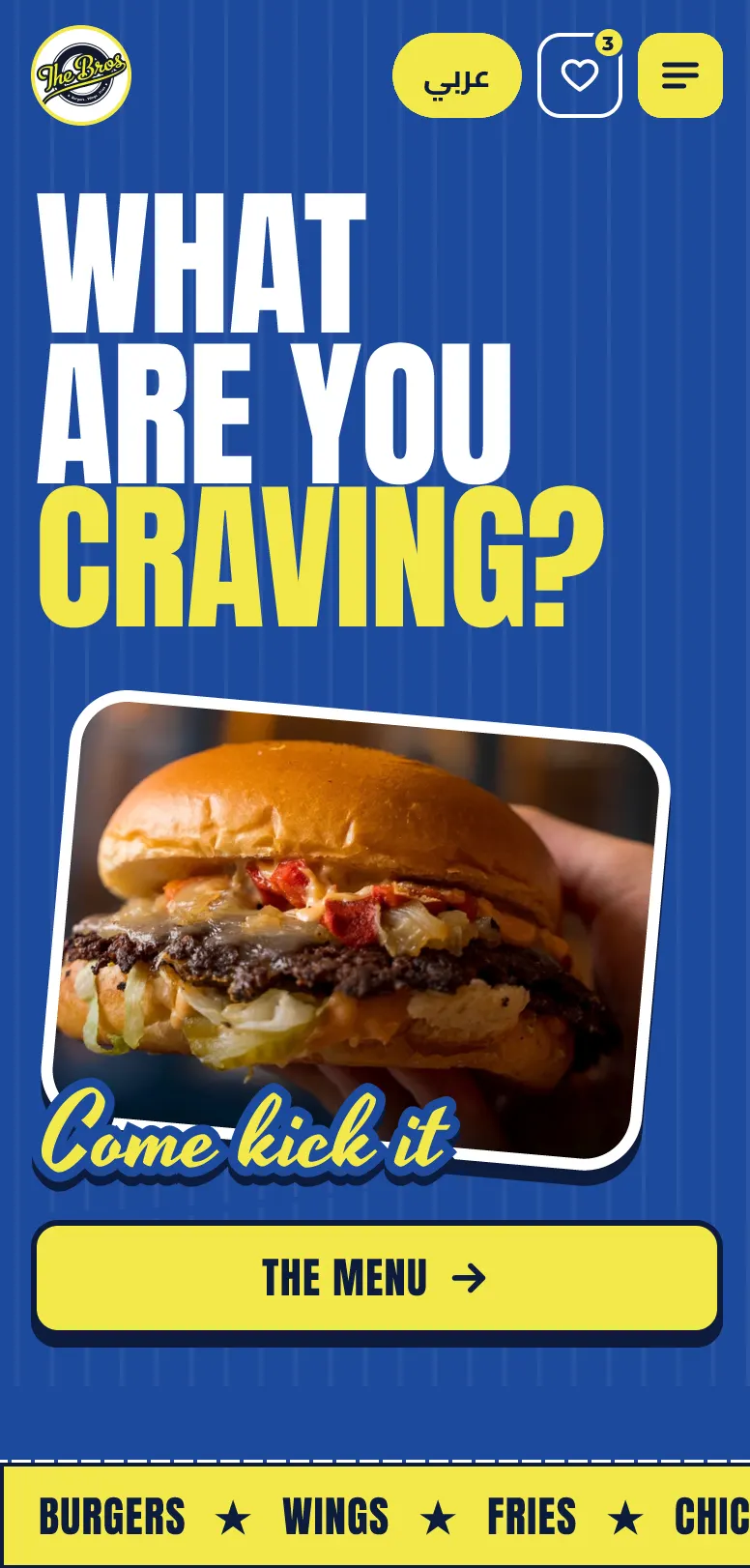 Home screen: “What are you craving?” over a burger photo, with a button to the menu.